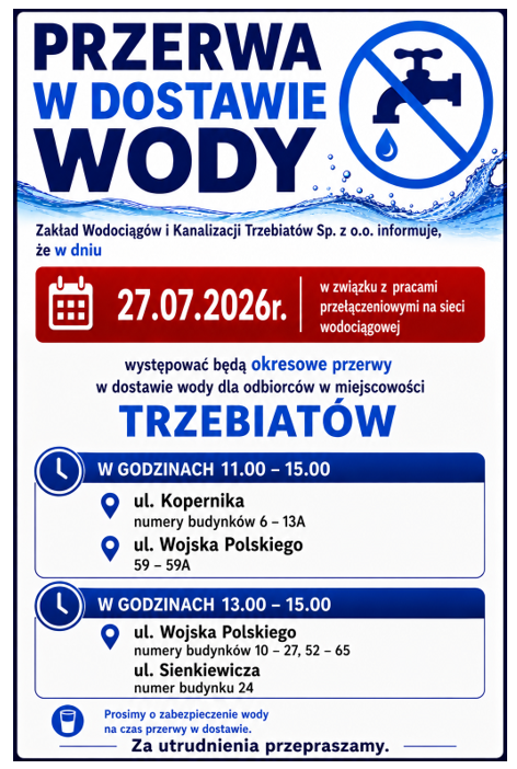 Zdjęcie do Przerwa w dostawie wody Trzebiat&oacute;w 27 lipca 2026